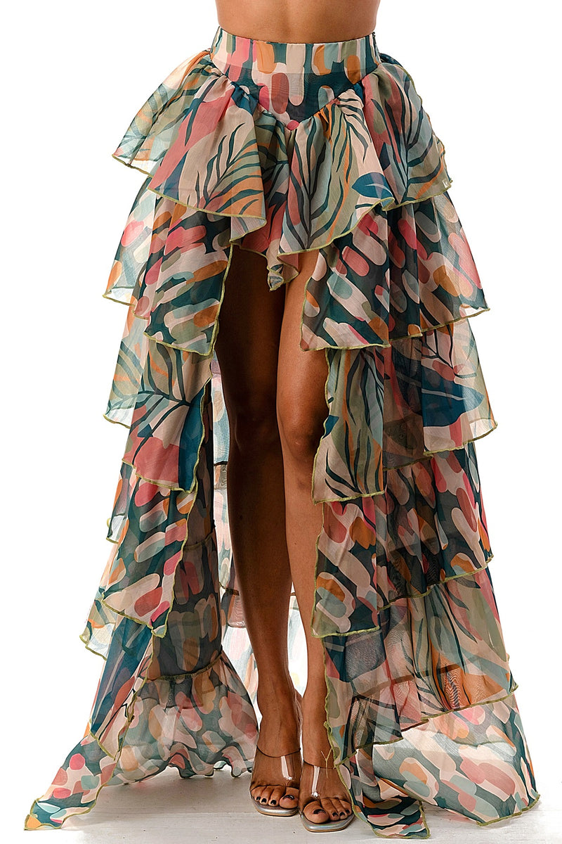 【NONCODE】Rosen Flare Tiered Skirt Washed Ashore Raw-Edge Tiered Ruffle Maxi Skirt