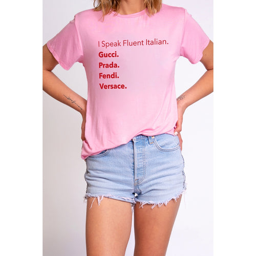 BOWIE TEE - Fluent Italian (Pink w/ red writing)