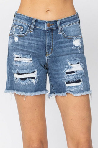 Mid-Rise Regular Wash Patch Cut-Off Shorts