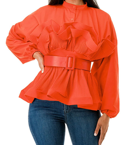 Layered Ruffle Elastic Waist Shirt with Belted