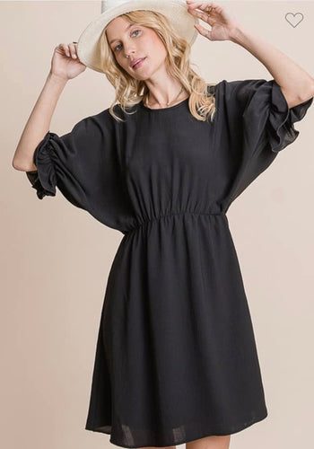 Black Short Sleeve Dress with Elastic Sleeves