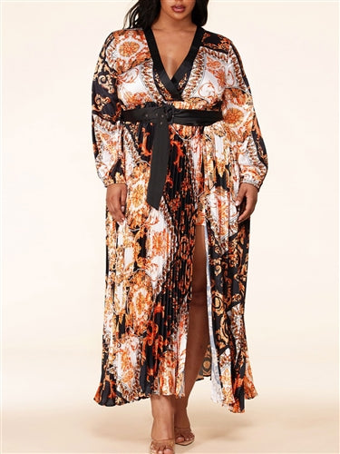 Gold Designer Printed Pleated Dress