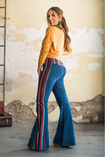DENIM W/ RED SERAPE HIGH RISE SIDE PANEL TROUSER JEANS