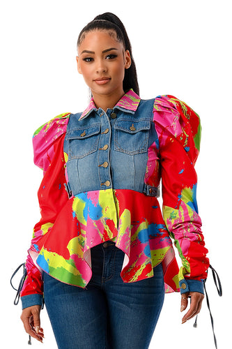 Double Collar Adjustable Tie Puff Pink Combo Long Sleeve Ruffle Jacket