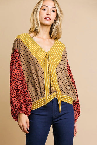 Animal, Polka Dot, and Striped Mixed Print Long Puff Sleeve V-Neck Top with Tie and Gathered Waist