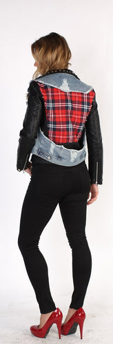 Leather Denim Jacket with Plaid