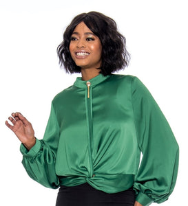 Three-Quarter Sleeve Front Twist Satin Top