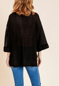 High Low Side Slit Waffle Knit Rolled Sleeve Top