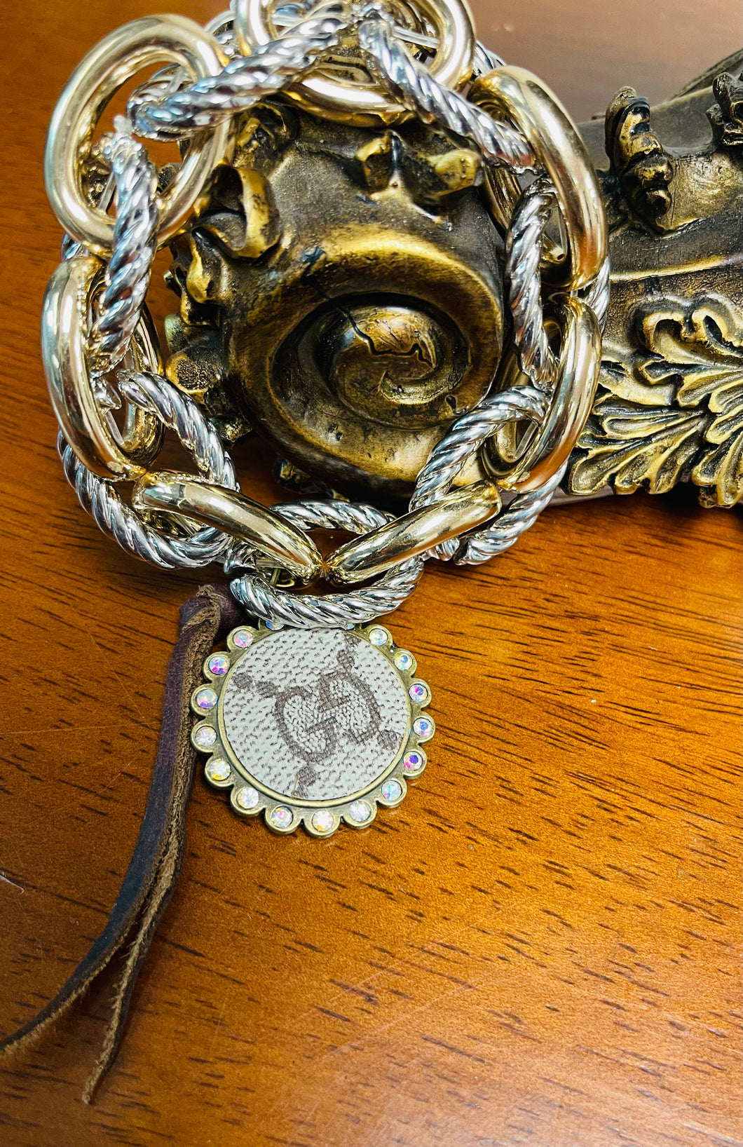 Silver and Gold Cable Linked upcycled bracelet  up-cycled designer charm