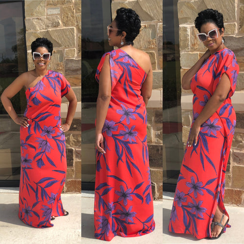 Dk Coral Floral One Shoulder Dress