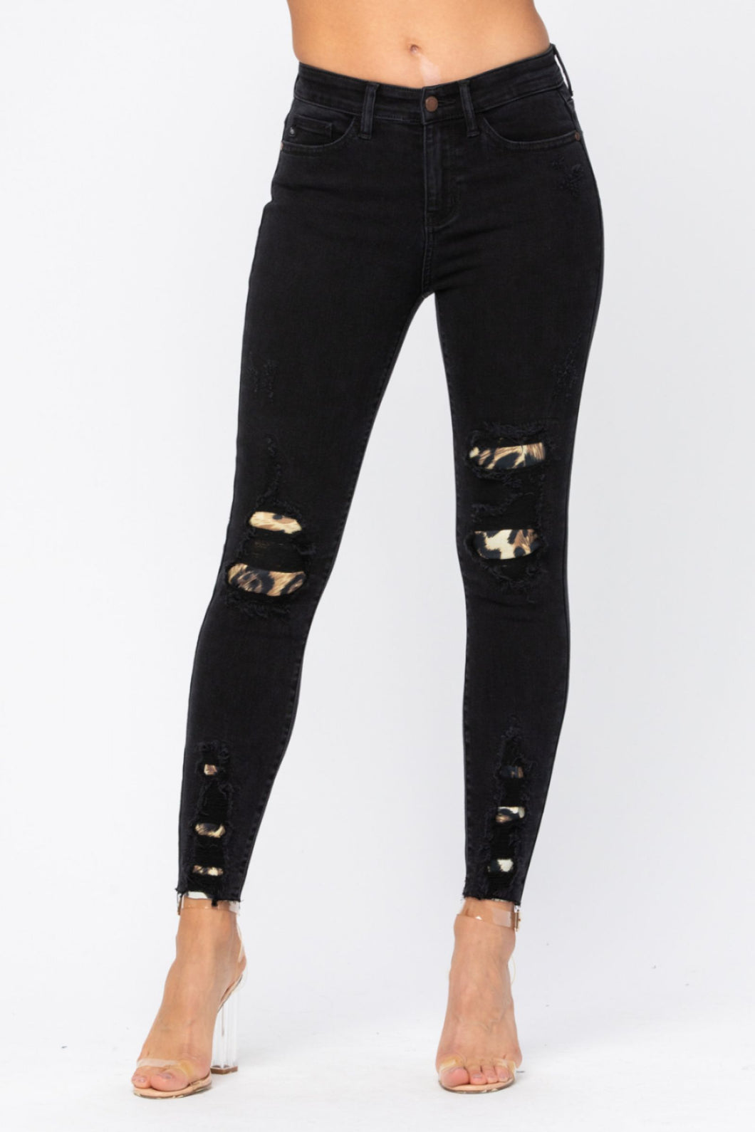 Black Destroyed Leopard Patch Skinny