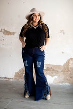 Load image into Gallery viewer, Dark Wash Flare Jeans with Fringe and Rips