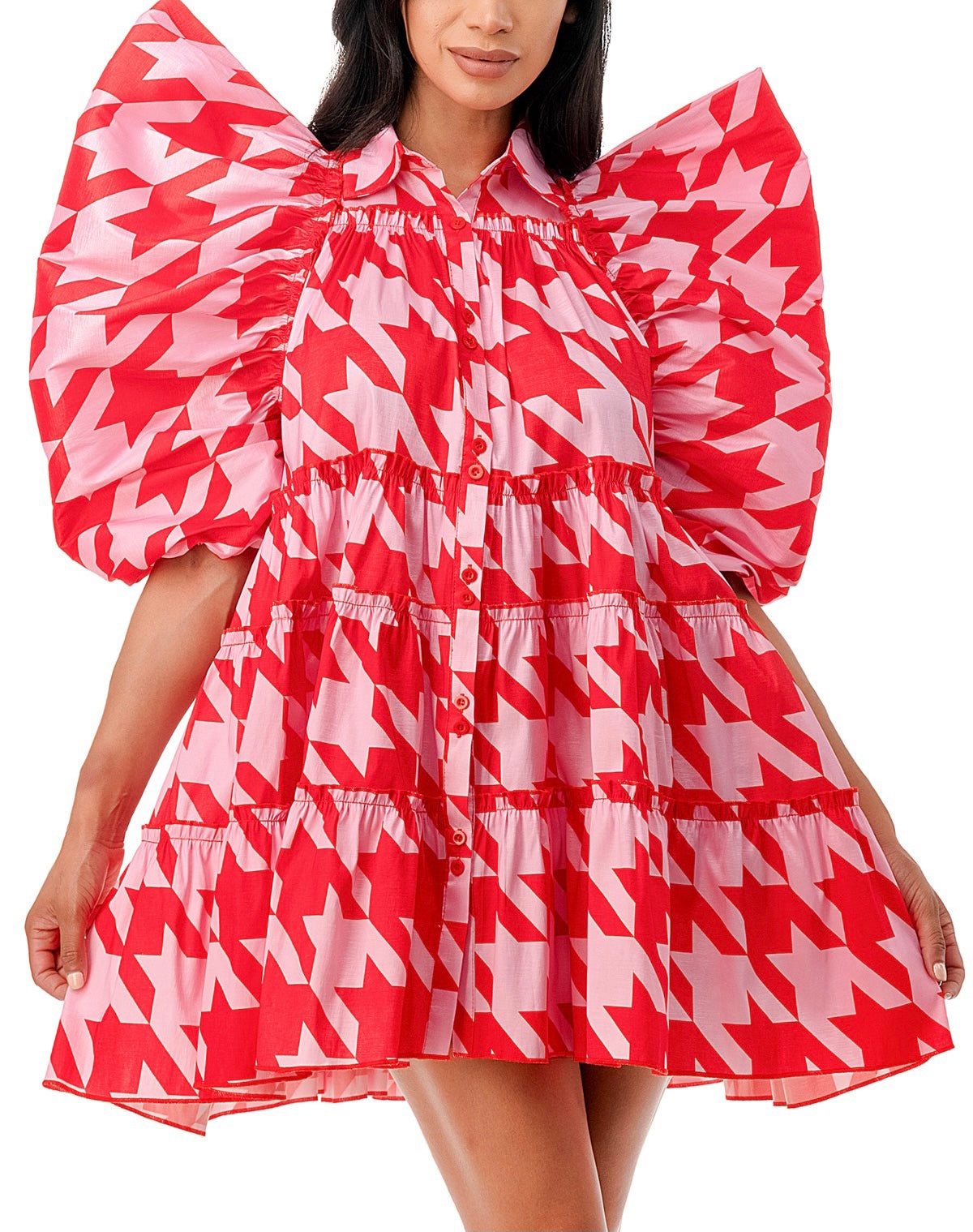 Pink Houndstooth Big Puff Sleeve Dress – Imani Boutique DFW Pink Houndstooth Big Puff Sleeve Dress – Imani Boutique DFW