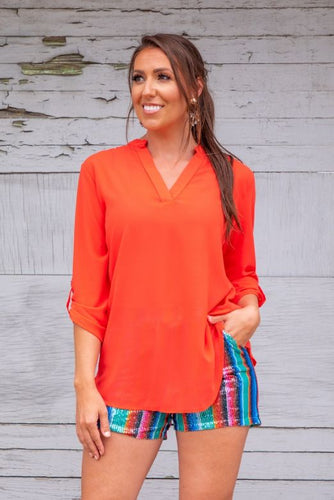 Coral Sheer Top with Curve Hem