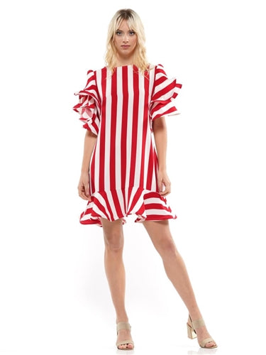 Red/White Stripe Ruffle Hem Short Sleeve Dress