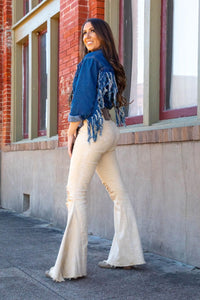 Beige Mineral Wash Distressed Knee High Rise Flare Jeans