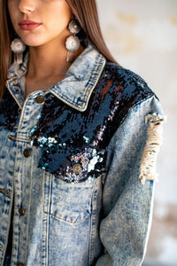 DISTRESSED DENIM JACKET WITH BLACK SEQUIN DETAIL