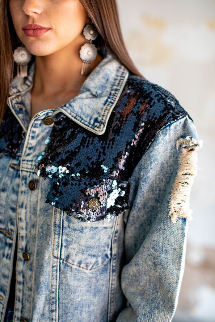 DISTRESSED DENIM JACKET WITH BLACK SEQUIN DETAIL