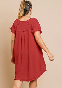 Juster Red Round Neck Pocket Dress with Fringe Short Sleeves and a High Low Scoop Hem