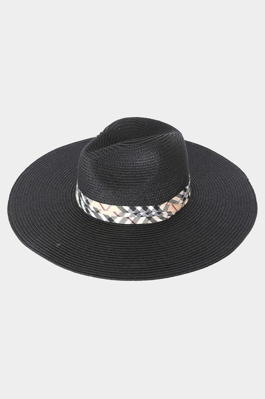 Black Plaid Check Band Accented Straw Sun Hat