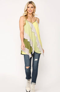 Multi Color Block Sleeveless Ruffle Tunic Top