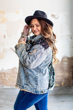 Load image into Gallery viewer, DISTRESSED DENIM JACKET WITH BLACK SEQUIN DETAIL
