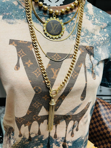Designer Upcycled Necklace with Multiple Layered Chains and Tassel