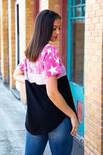Load image into Gallery viewer, NEON TIE DYE STAR WITH SILVER SEQUIN AND SOLID BLACK BASIC COLOR BLOCK TOP