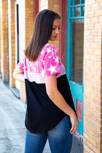 NEON TIE DYE STAR WITH SILVER SEQUIN AND SOLID BLACK BASIC COLOR BLOCK TOP