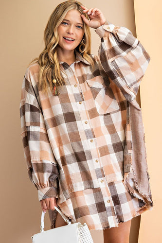 CORL BROWN PLAID YARN DYE OVERSIZED SHIRT DRESS