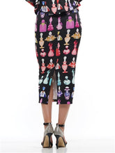 Load image into Gallery viewer, Back Zip Perfume Bottle Print Pencil Skirt