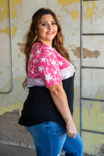 Load image into Gallery viewer, NEON TIE DYE STAR WITH SILVER SEQUIN AND SOLID BLACK BASIC COLOR BLOCK TOP
