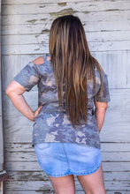 Load image into Gallery viewer, Vintage Camo Cold Shoulder Criss Cross Top Plus