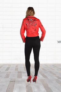 RED FAUX LEATHER STUD JACKET