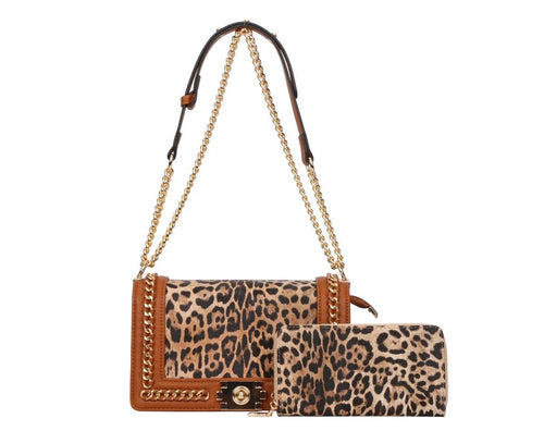 LEOPARD BAG WITH CHAIN TRIM AND WALLET