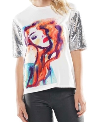 SILVER SEQUIN SLEEVE PATCH TOP