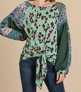Load image into Gallery viewer, Animal and Scarf Mixed Print Long Waffle Knit Puff Sleeve Round Neck Top