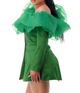Off the Shoulder Tulle Ruffle Satin Blazer