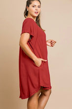 Load image into Gallery viewer, Juster Red Round Neck Pocket Dress with Fringe Short Sleeves and a High Low Scoop Hem