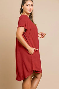 Juster Red Round Neck Pocket Dress with Fringe Short Sleeves and a High Low Scoop Hem