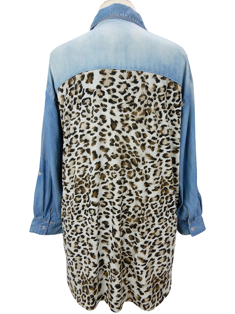 Animal Print Back Long Sleeve Denim Shirt