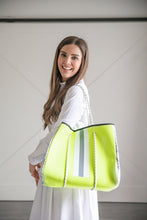 Load image into Gallery viewer, Neon Yellow and Grey Stripe Tote