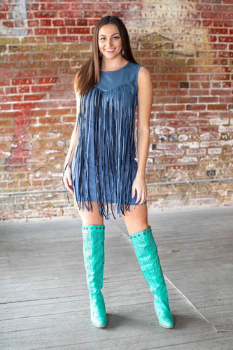 Blue Atoll Sleeveless Dress with Front Yoke and Front Fringe