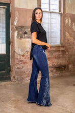 Load image into Gallery viewer, Dark Wash Flare Jeans with Fringe and Rips
