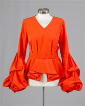 Load image into Gallery viewer, Orange V-Neck Ruffle Long Sleeve Taffeta Peplum Top