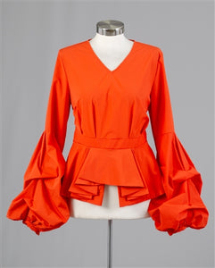 Orange V-Neck Ruffle Long Sleeve Taffeta Peplum Top