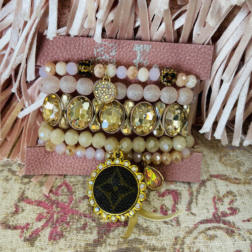 Leopard-Pink-Tan Beaded Designer Upcycled Bracelet