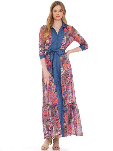 Jean Trimmed Multi Printed Sheer Dress