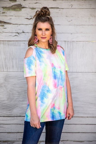Neon Pastel Tie Dye Cold Shoulder Criss Cross Top