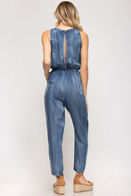 Load image into Gallery viewer, SLEEVELESS WASHED CHAMBRAY JUMPSUIT WITH POCKETS